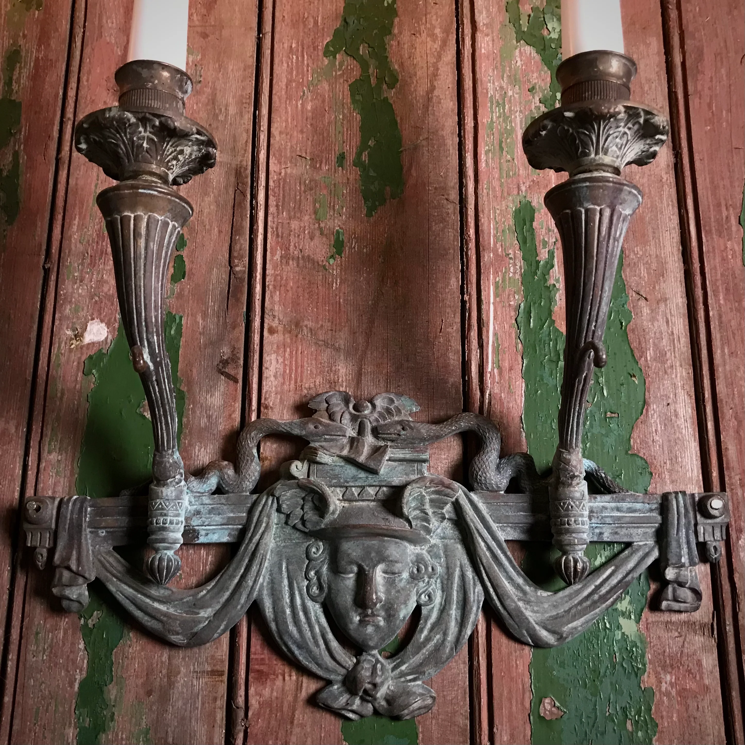 French Verdigris Bronze Mercury Wall Sconces - Image 3