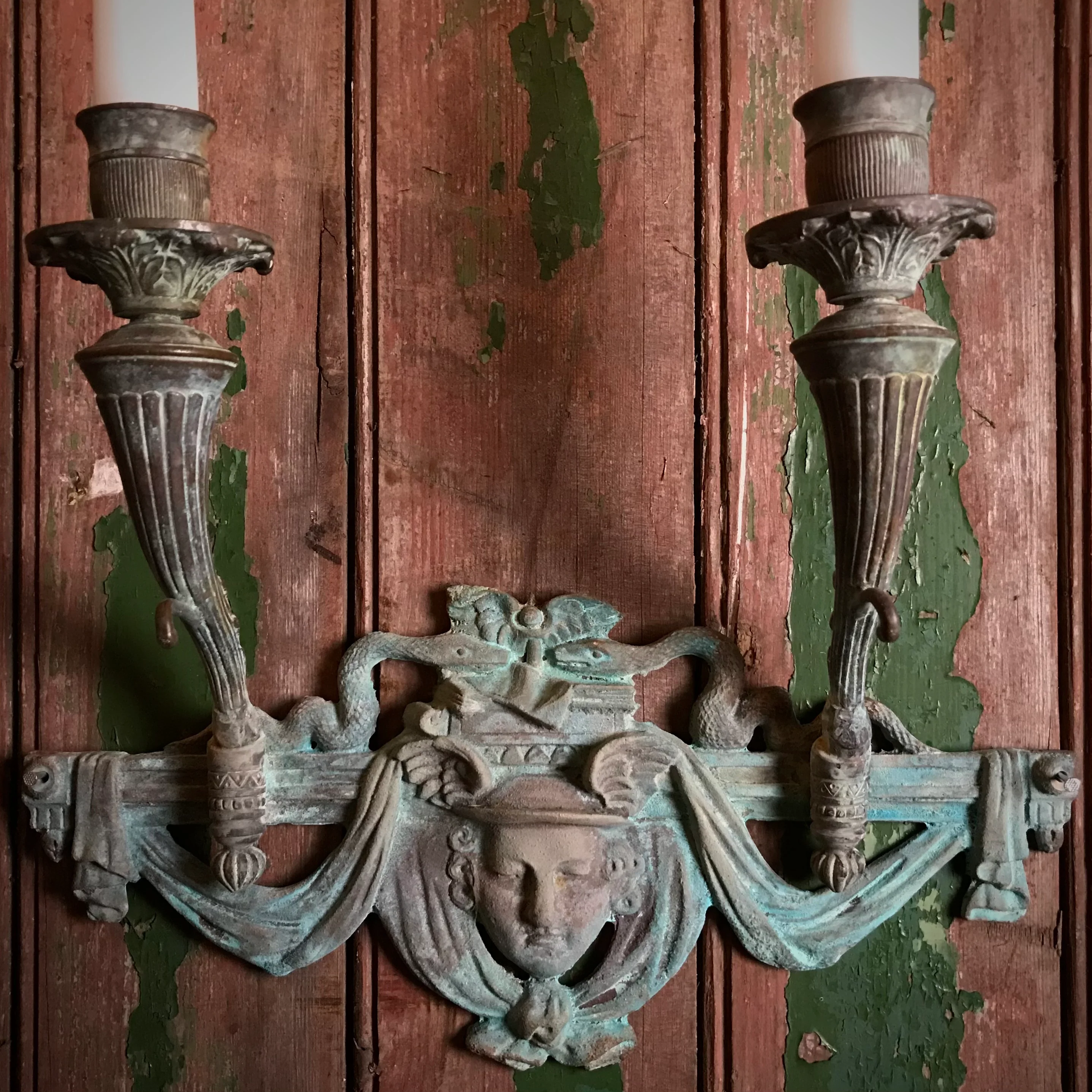 French Verdigris Bronze Mercury Wall Sconces Pair II - Image 5